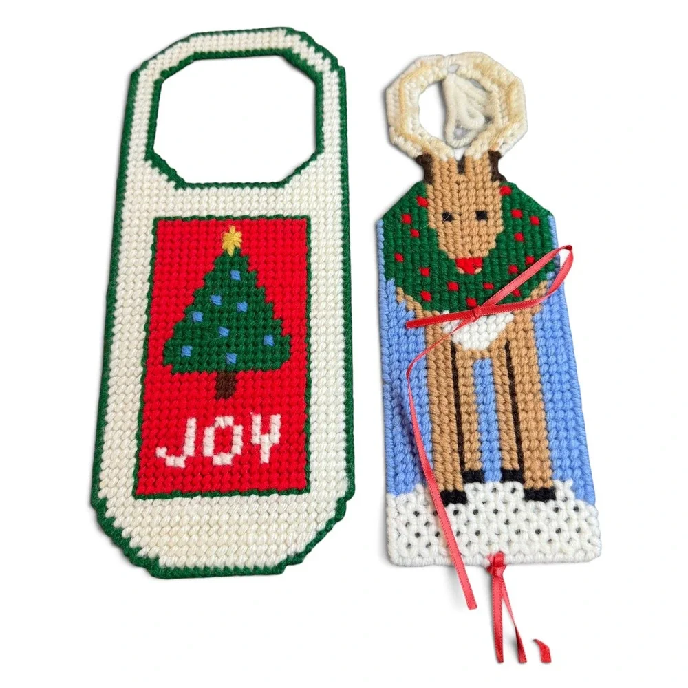 Vintage Handmade Needlepoint Christmas Door Hangers Set of 5